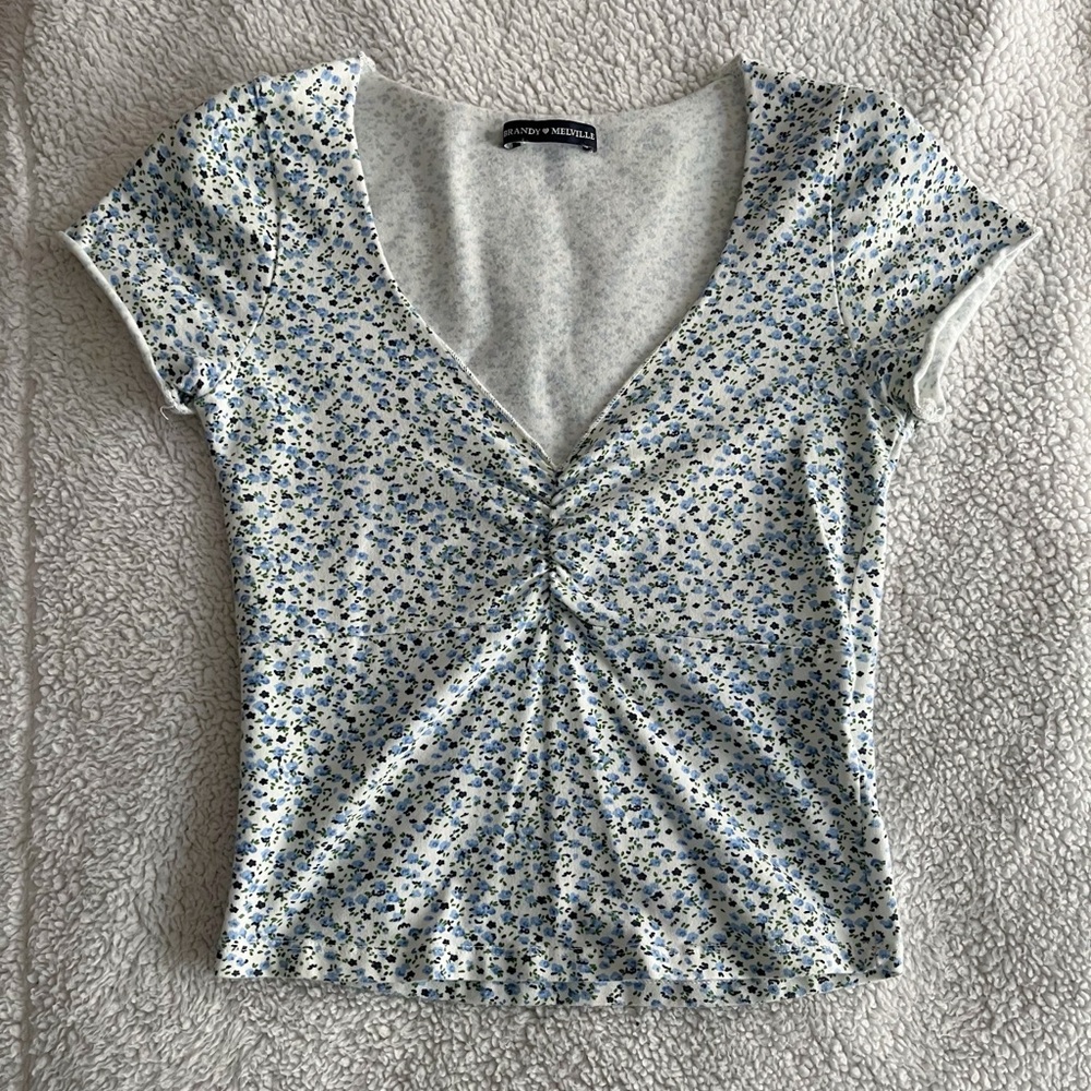 Brandy Melville Blue & Green Ruched Short Sleeve Top